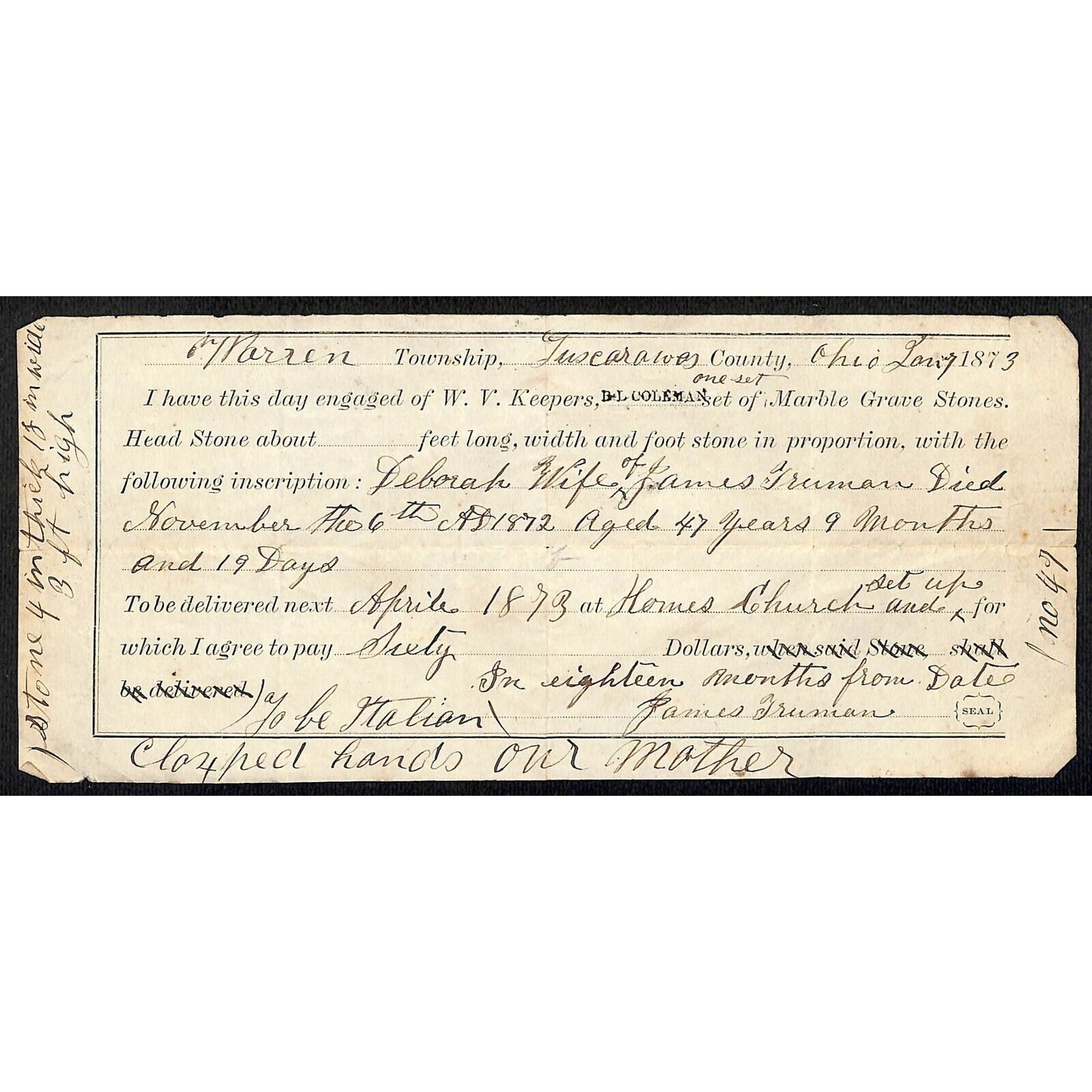 Marion, OH? W.V. Keepers Marble Grave Stones Headstone Instructions Receipt 1873