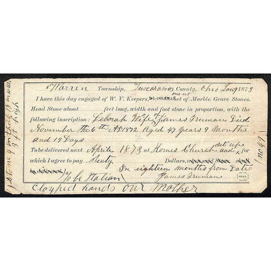 Marion, OH? W.V. Keepers Marble Grave Stones Headstone Instructions Receipt 1873