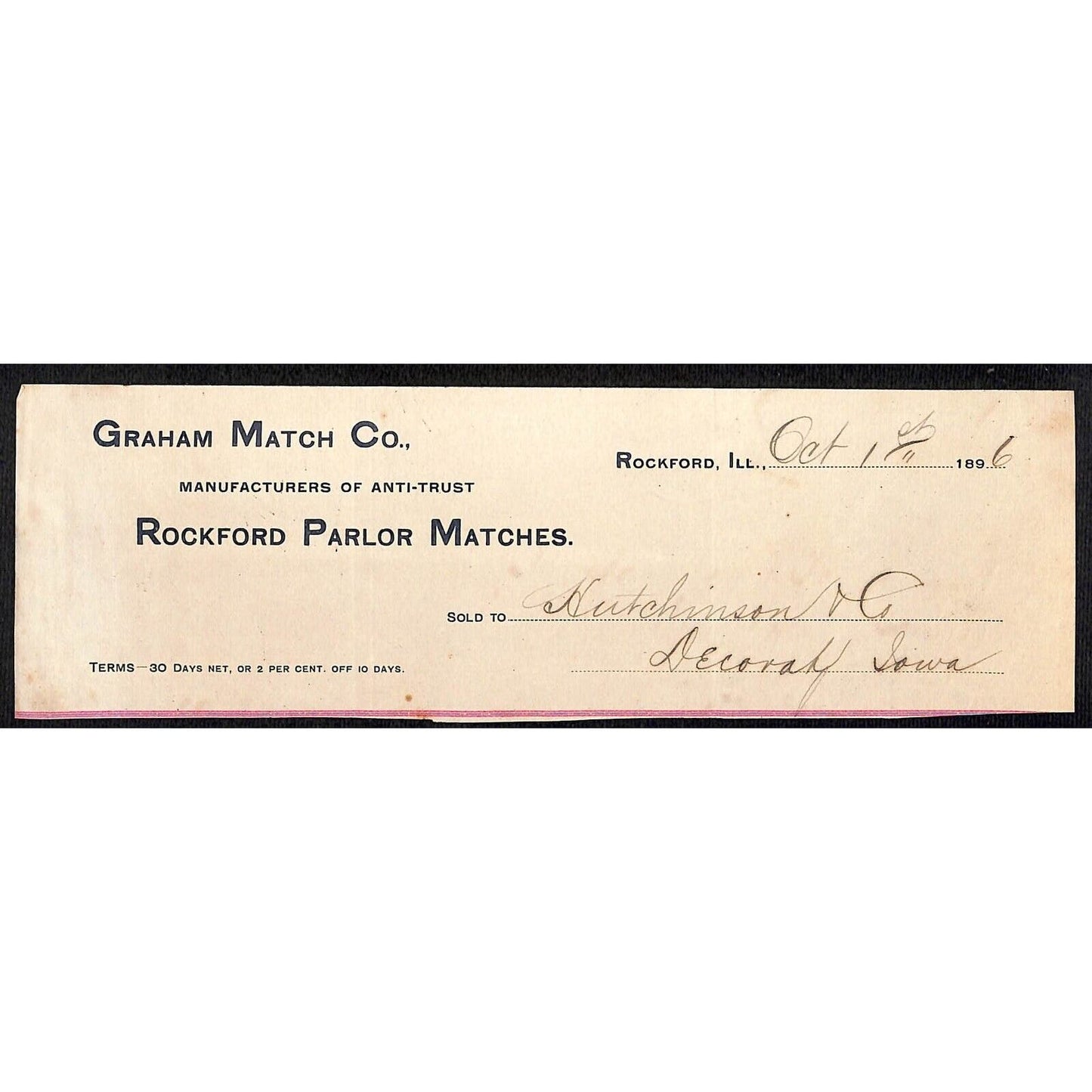 Graham Match - Rockford Parlor Matches Hutchinson Decorah, IA* Cut 1896 Billhead