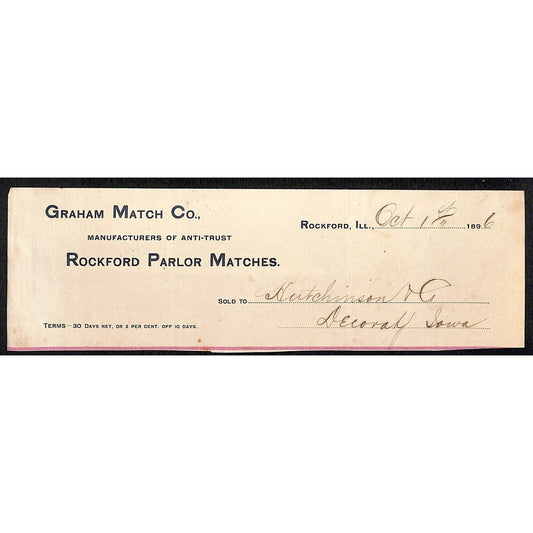 Graham Match - Rockford Parlor Matches Hutchinson Decorah, IA* Cut 1896 Billhead