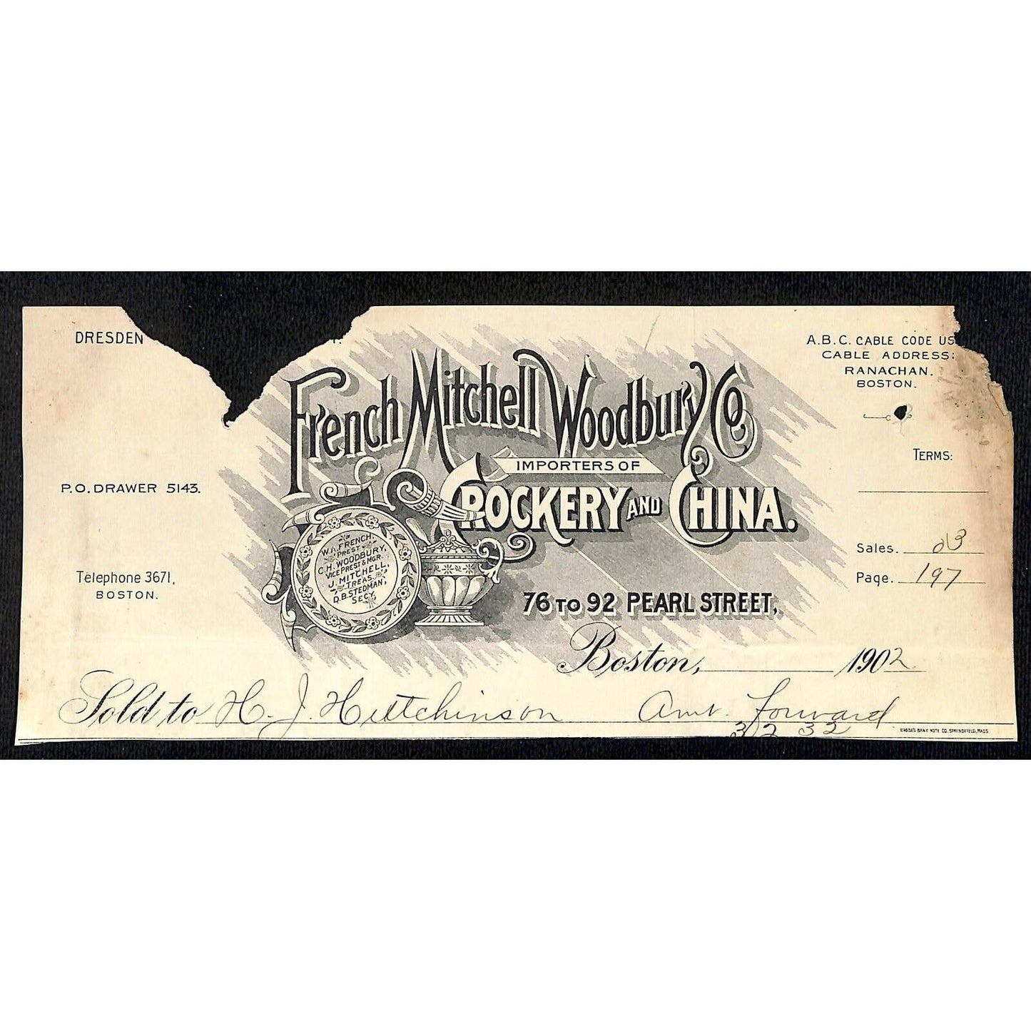 French Mitchell Woodbury Co. Boston HJ Hutchinson Decorah, IA* Cut 1902 Billhead