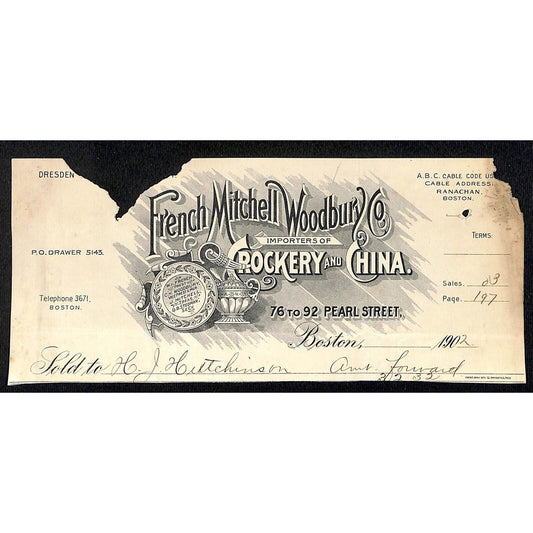 French Mitchell Woodbury Co. Boston HJ Hutchinson Decorah, IA* Cut 1902 Billhead