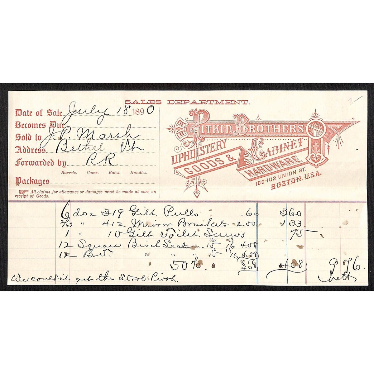 Pitkin Brothers Boston Furniture 1890 Billhead to J.P. Marsh Bethel, VT* Scarce