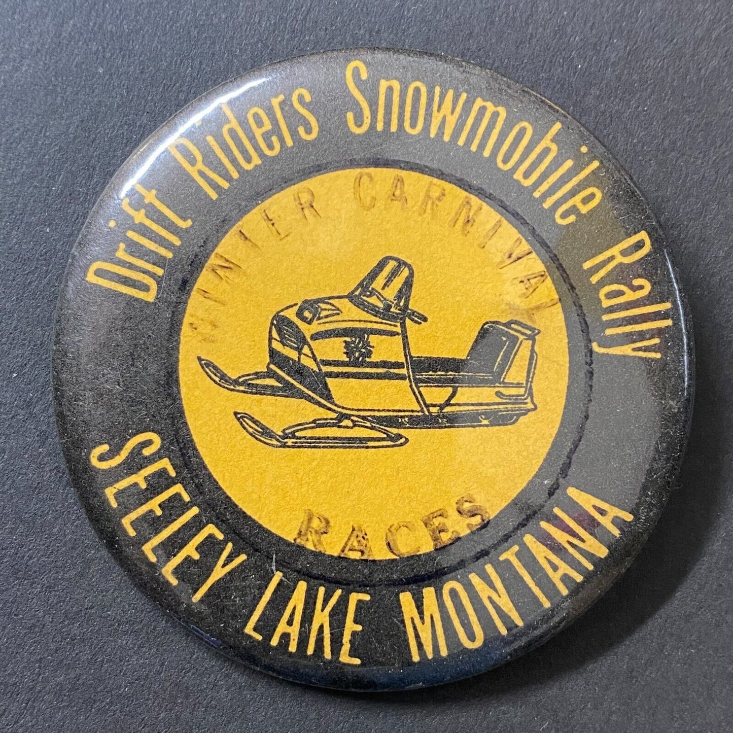 Drift Riders Snowmobile Rally Winter Carnival Seeley Lake, MT c1970-74 Pinback