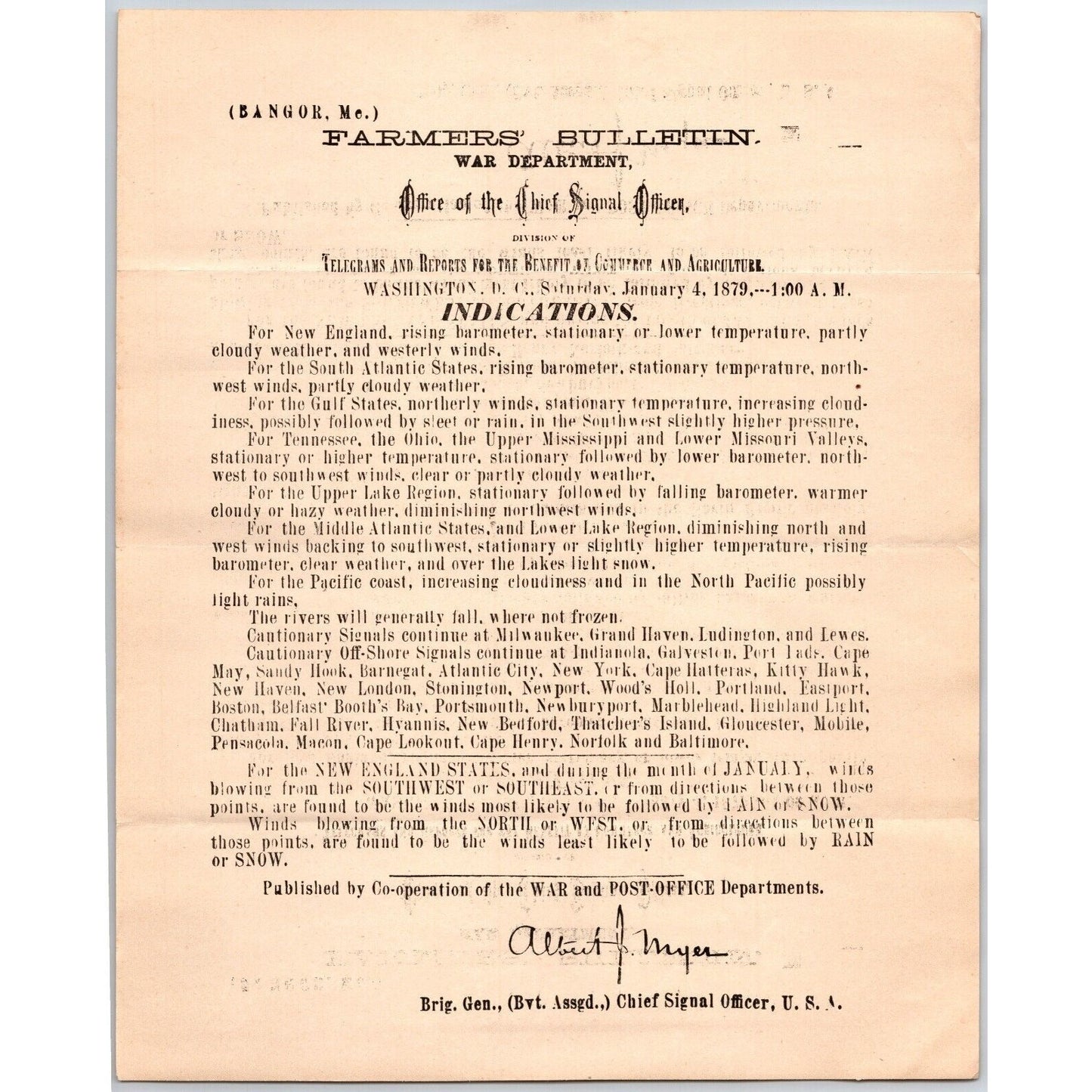 Bangor, ME Chief Signal Office, War Department Farmers' Bulletin Jan. 4, 1879