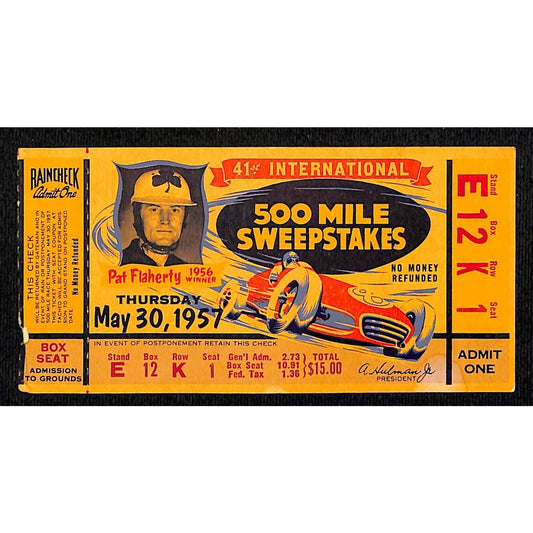 1957 Indy 500 Ticket / IMS 500 Mile Sweepstakes Ticket Stub - Seat 1 VGC