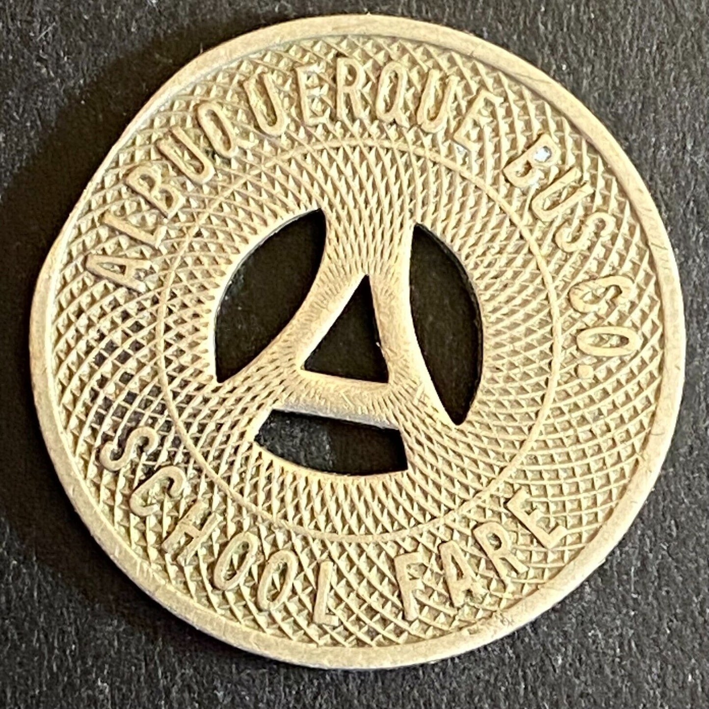Albuquerque Bus Co. "Good on School Days Only" Token 23mm Hanging "A" (#3)