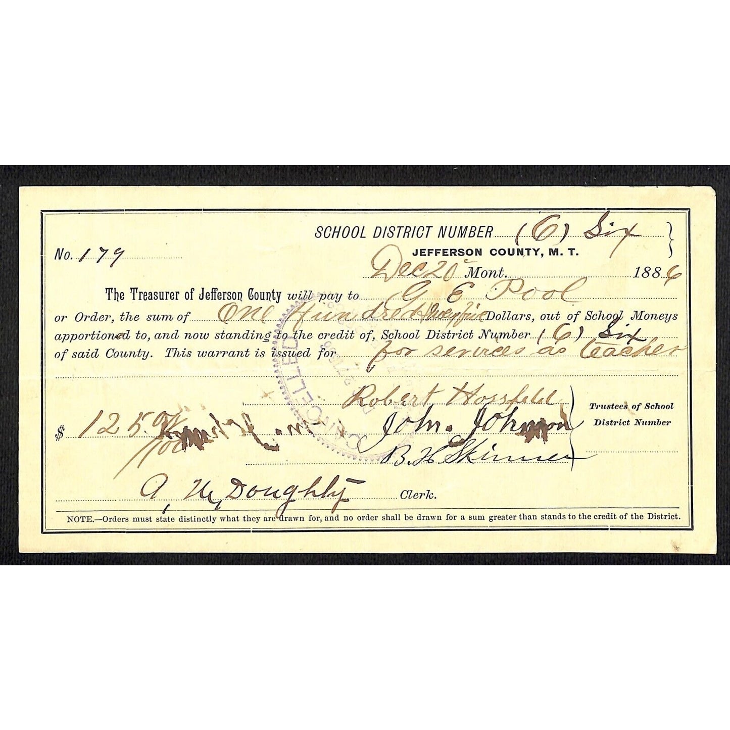 1886 Jefferson County Montana Territory School Warrant - for Teacher
