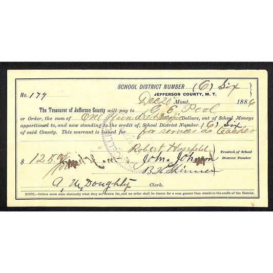 1886 Jefferson County Montana Territory School Warrant - for Teacher