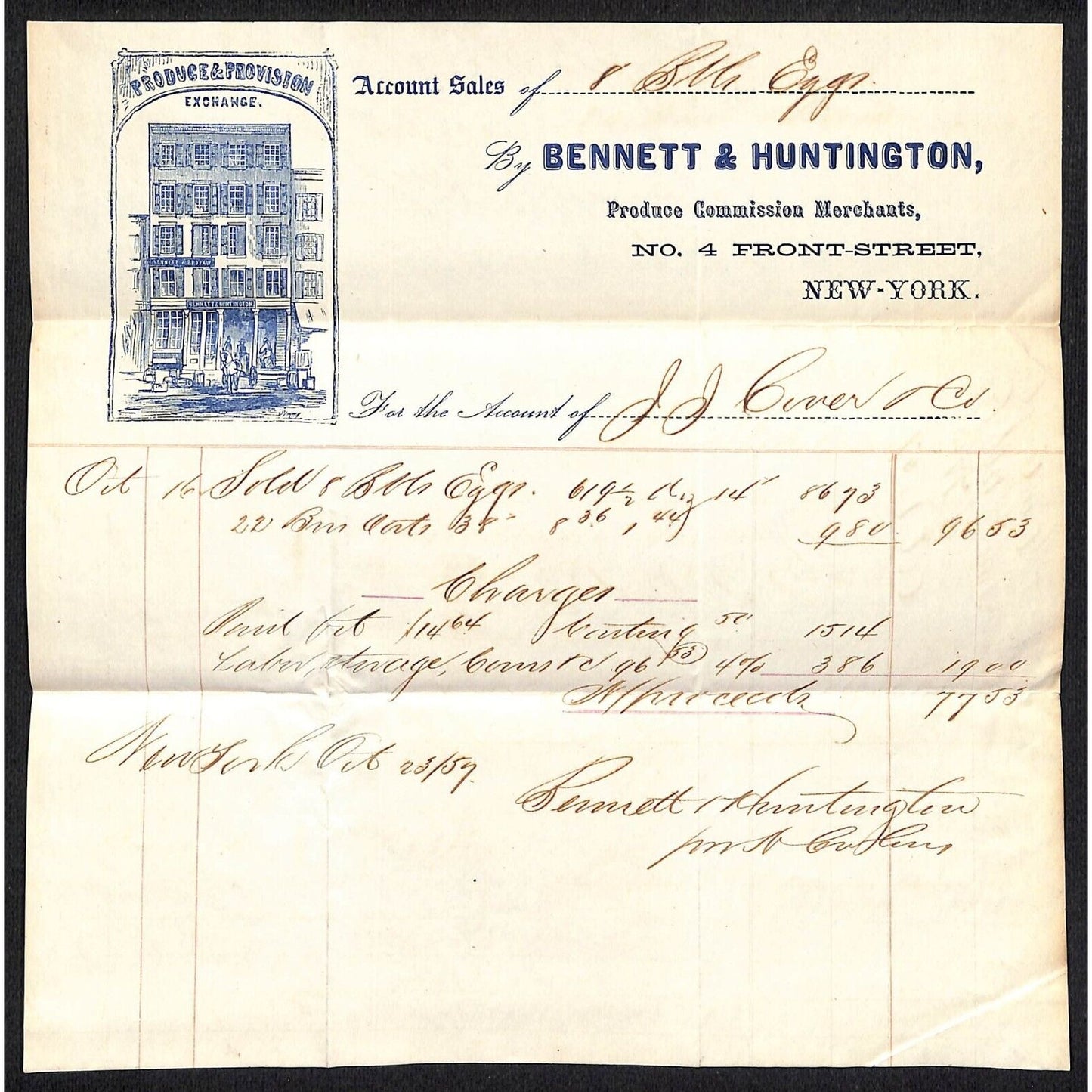 Bennett & Huntington NYC 1857 J.J. Cover, Johnsville, OH Oct. Statement Billhead