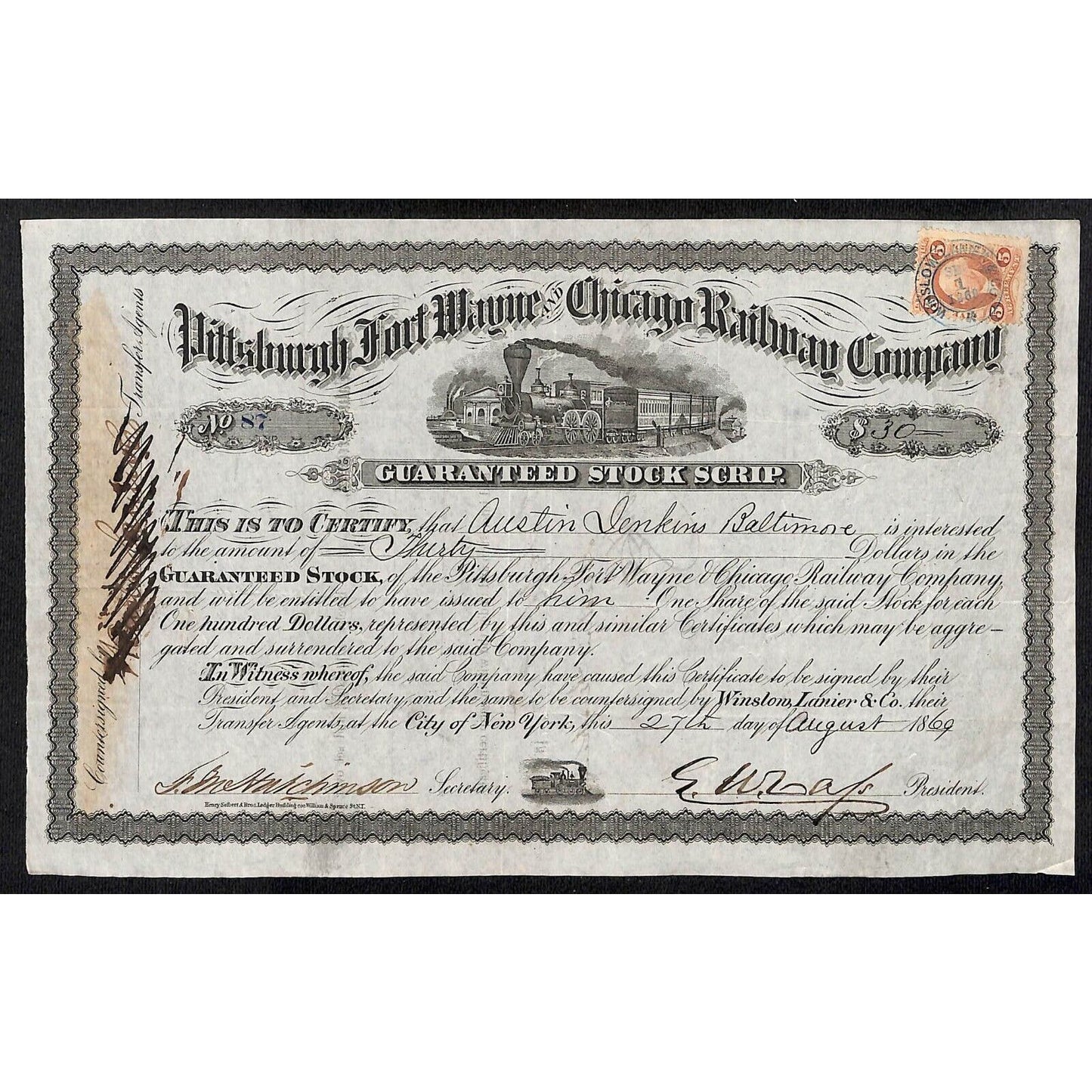 Pittsburgh, Fort Wayne and Chicago Railway 1869 Stock Certificate #87