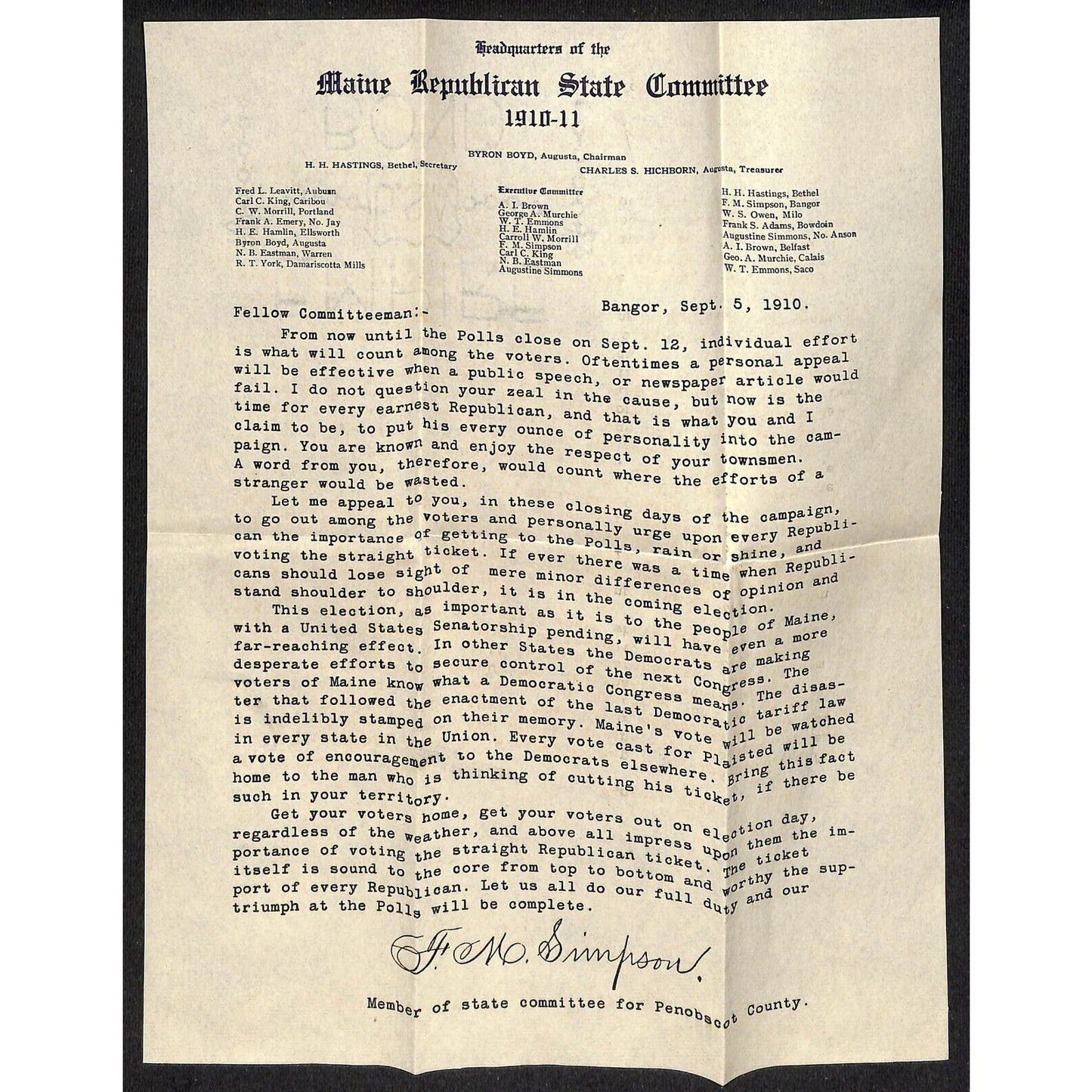 Maine Republican State Committee 1910 Letterhead re: Election Voting Knowlton*