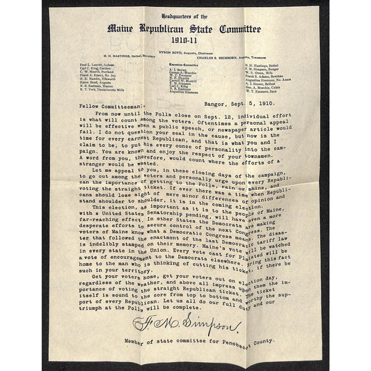 Maine Republican State Committee 1910 Letterhead re: Election Voting Knowlton*