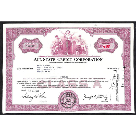 All State Credit Corporation NY 1962 Stock Certificate Sophie Oland