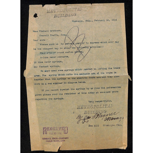 Metropolitan Building Muskogee, OK Kimball Bros. (Elevators) 1914 TLS Letterhead