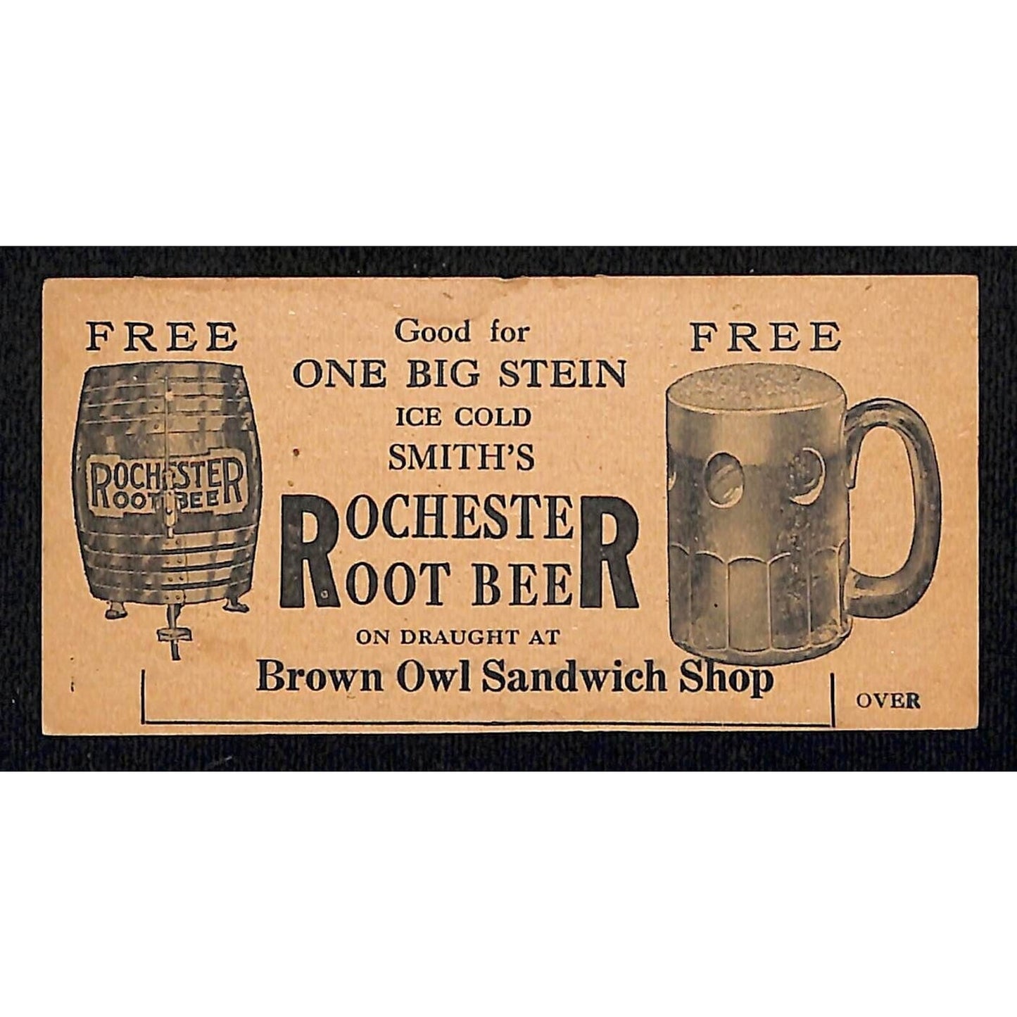 Smith's Rochester Root Beer / Brown Owl Sandwich Shop Free Stein c1925-35 Coupon