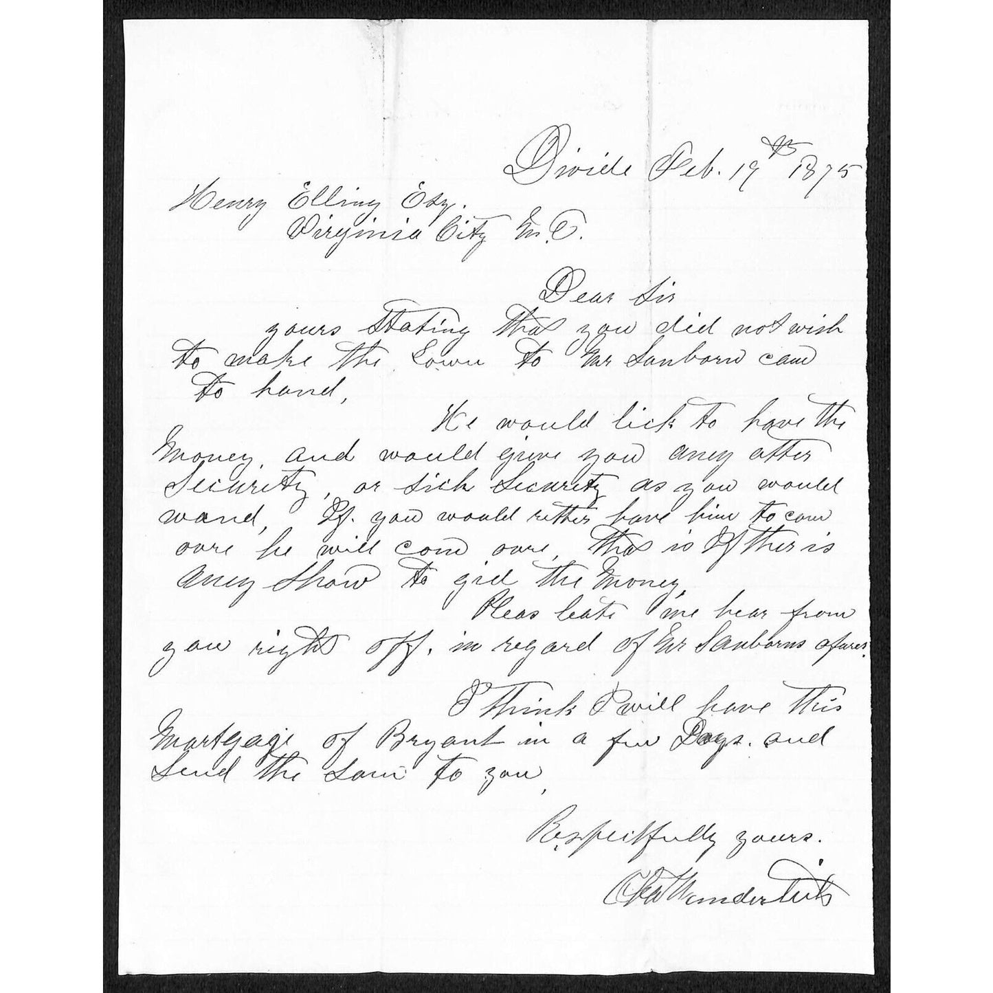 1875 ALS to Henry Elling* Virginia City, from Charles Wunderlich*, Divide, MT VG