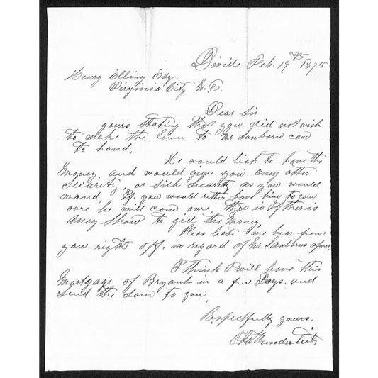 1875 ALS to Henry Elling* Virginia City, from Charles Wunderlich*, Divide, MT VG