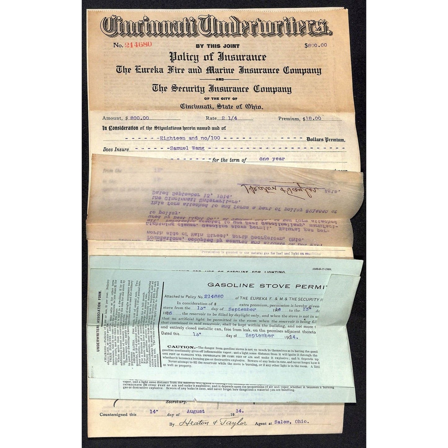 Heaton & Taylor Insurance Salem Samuel Wang Co* North Georgetown 1915 Policy