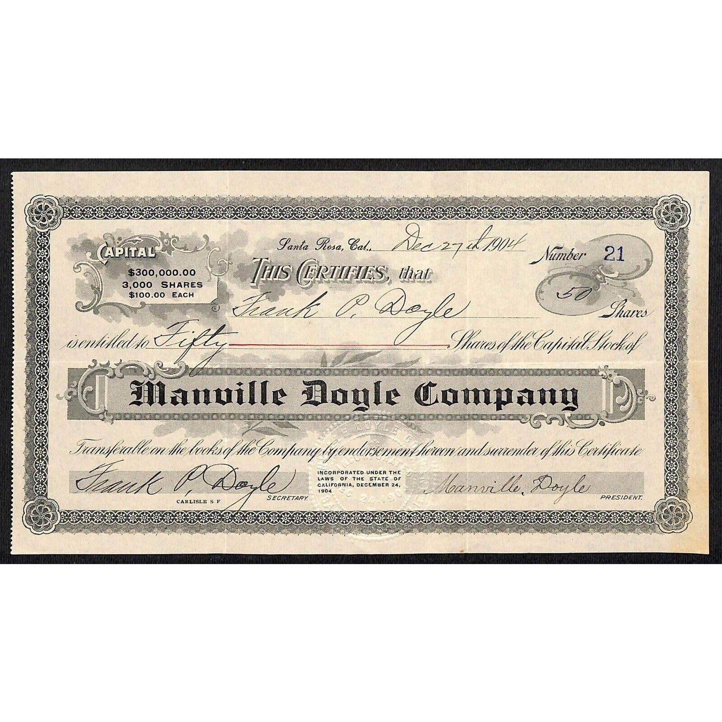 Manville Doyle Co. Santa Rosa, CA 1904 Stock Certificate #21 to Frank P. Doyle