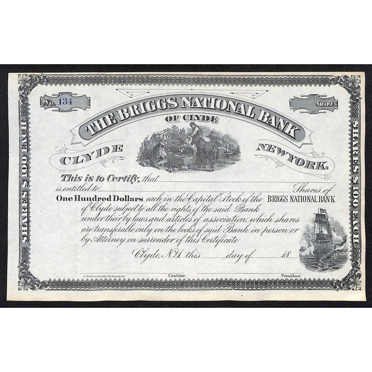 The Briggs National Bank of Clyde NY c1880* Stock Certificate Unissued #134