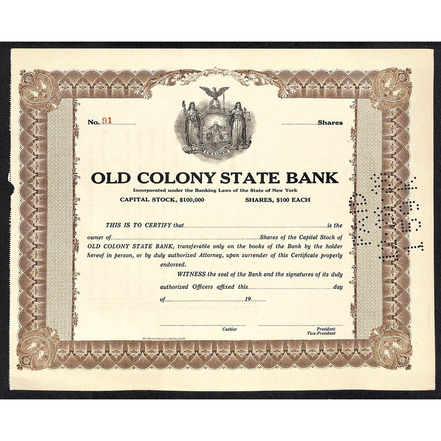 Old Colony State Bank NY c1925 (1928 Cancel) Stock Certificate Unissued #91 VGC