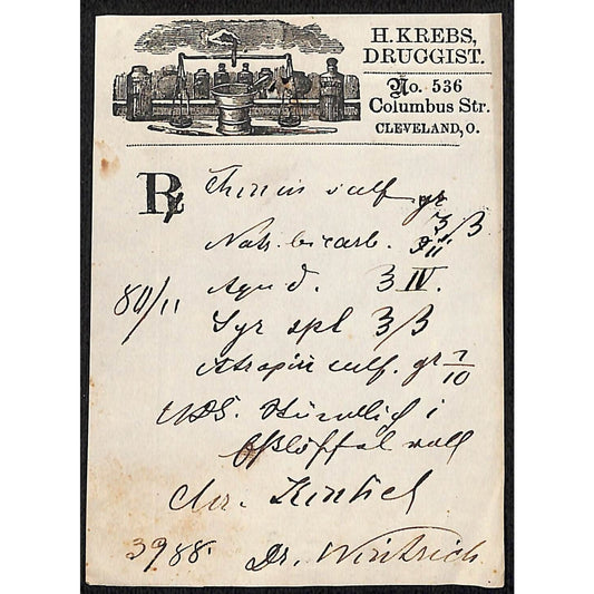 H. Krebs, Druggist Columbus St. Cleveland c1870's* Prescription #3988