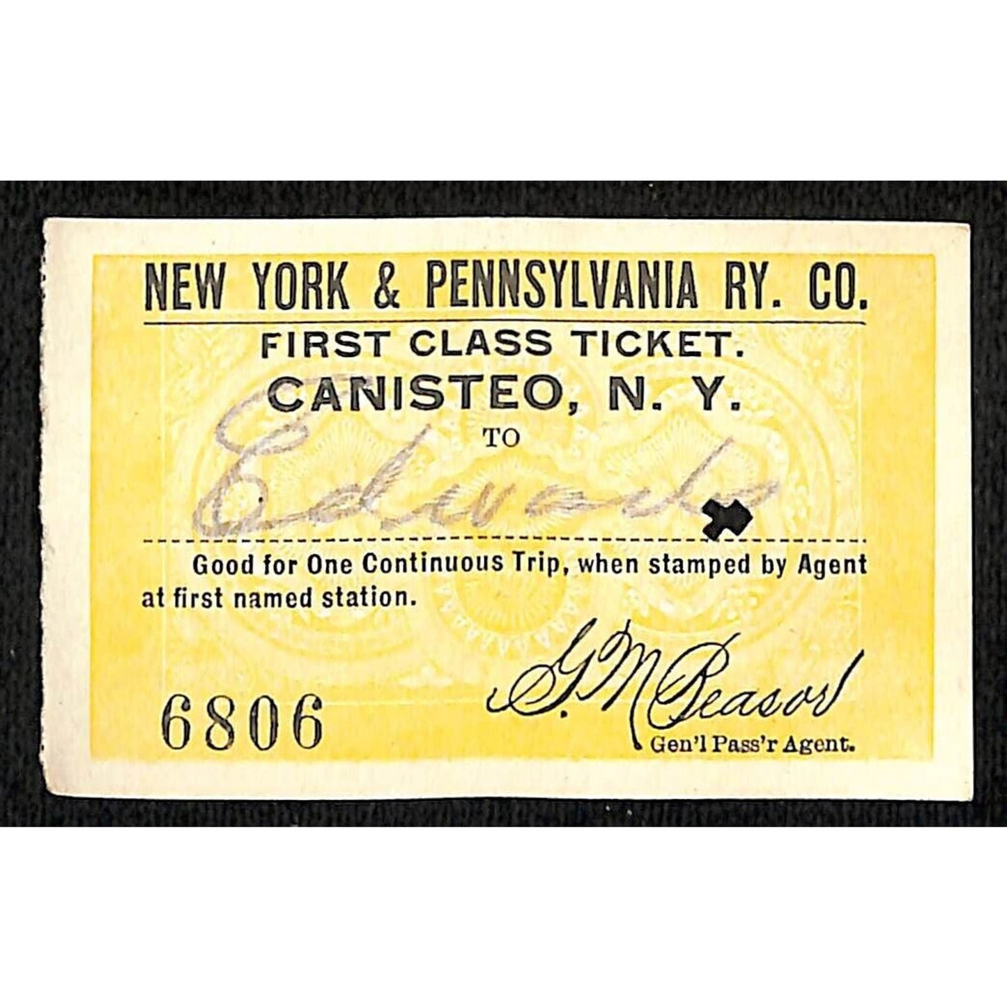 New York & Pennsylvania Railroad RY cJuly 17 1917 Edwards Ticket #6806