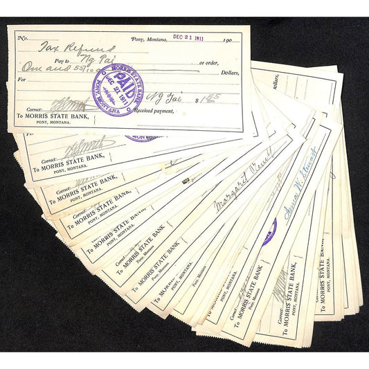 Morris Bank Pony, MT Tax Refund Bank Checks Group of 25 1911 VGC