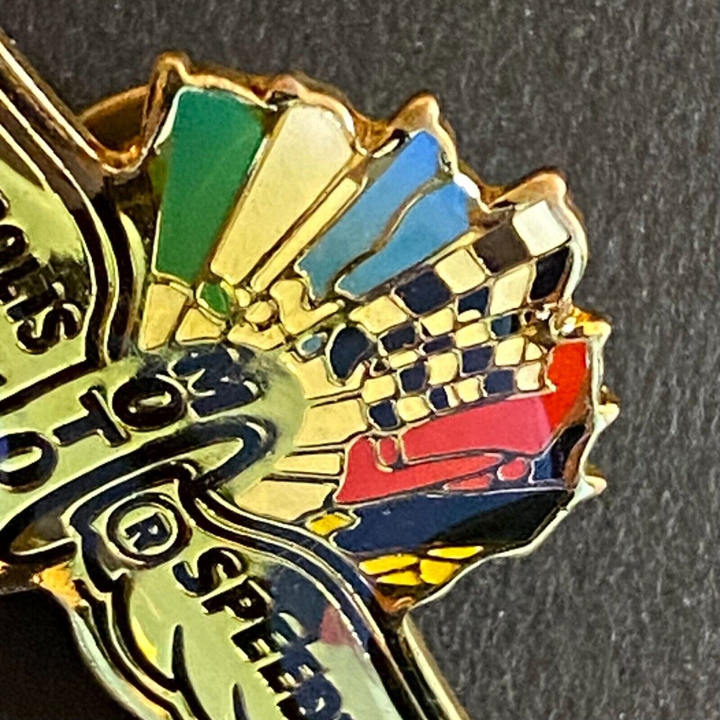 Indy 500 Winged Wheel / Flags Logo Enameled Lapel Pin c1986-95 17mm x 38mm VGC