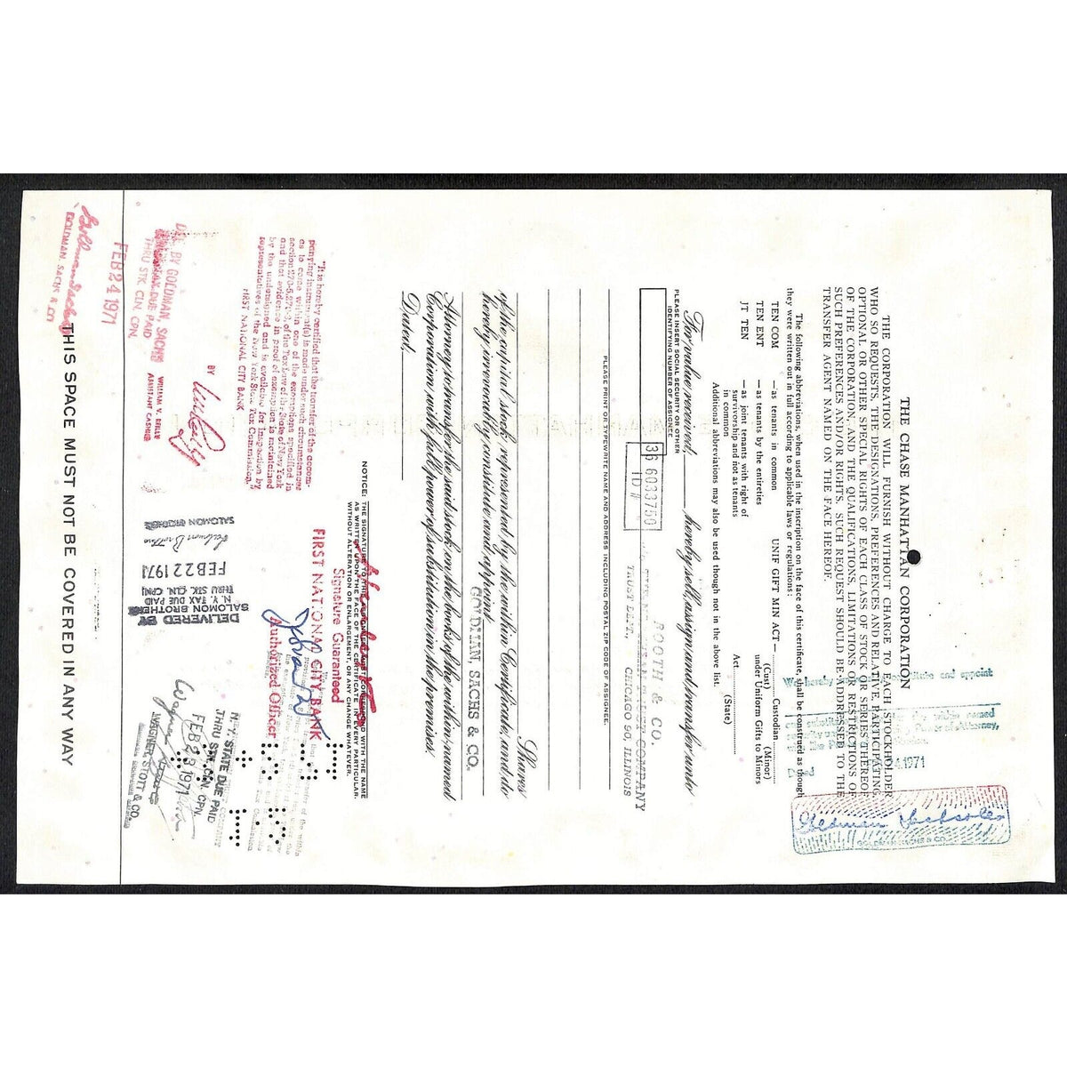 Chase Manhattan Corp 1970 Stock Certificate to Hurley & Co. - Early Logo*