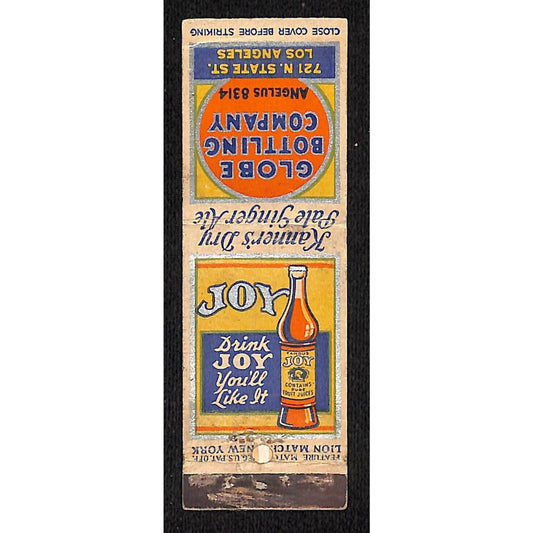 Drink "Joy" Globe Bottling Matchbook Cover VGC w/ Silver Ink Accents c1930's