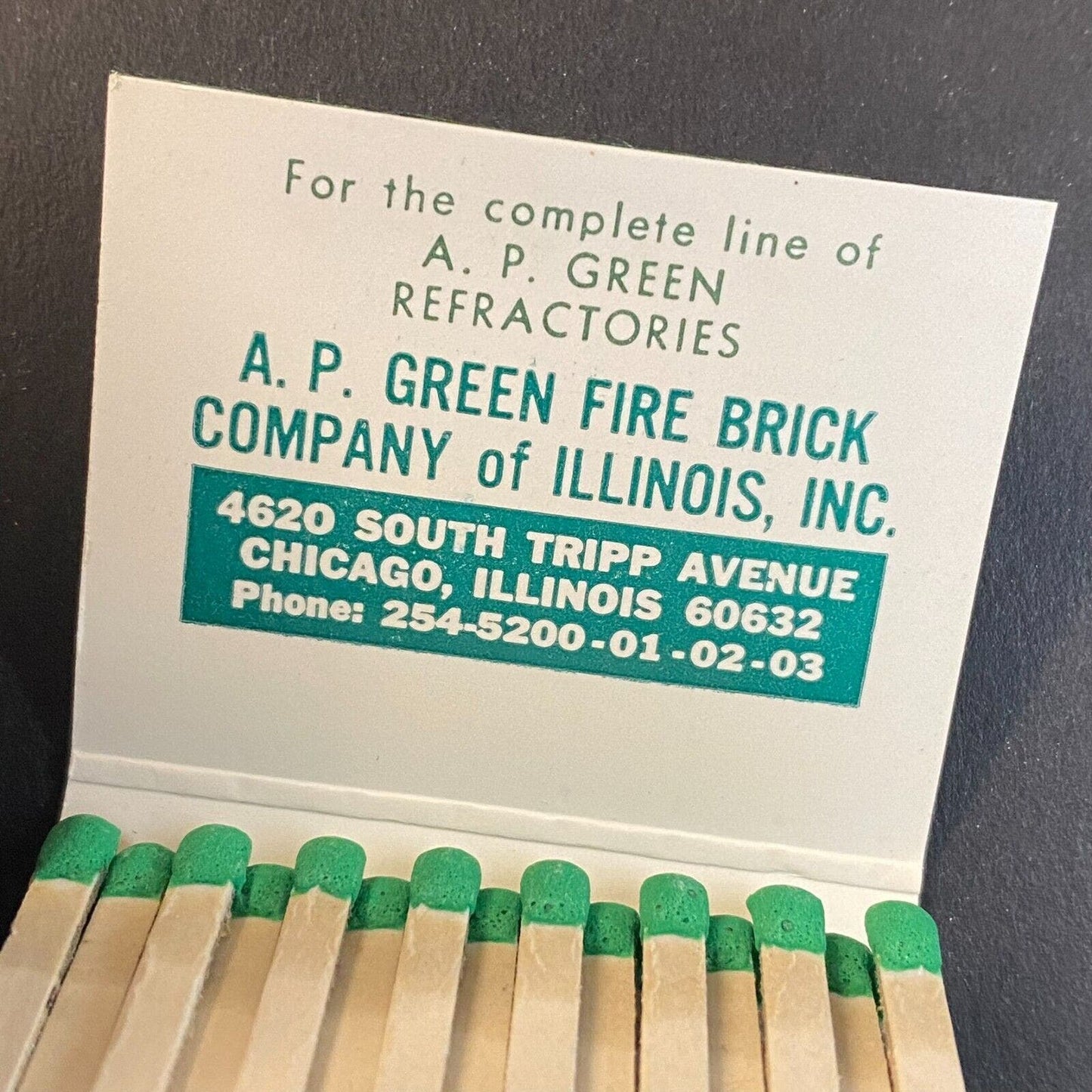 A.P. Green Fire Brick Co. Chicago c1965-73 Full Matchbook w/ Specialty Surface*