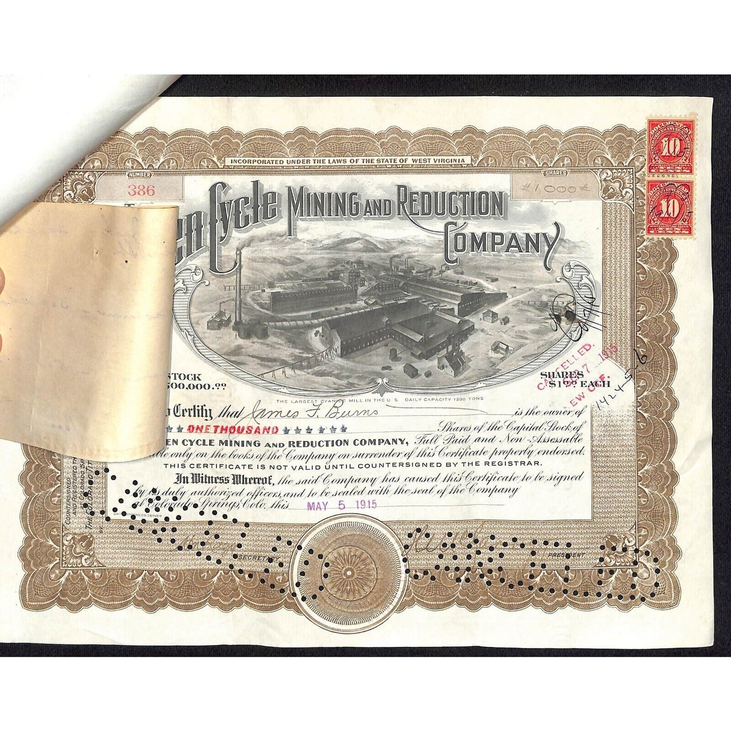 Golden Cycle Mining 1915 Stock Certificate w/ James F. Burns Sig. #386