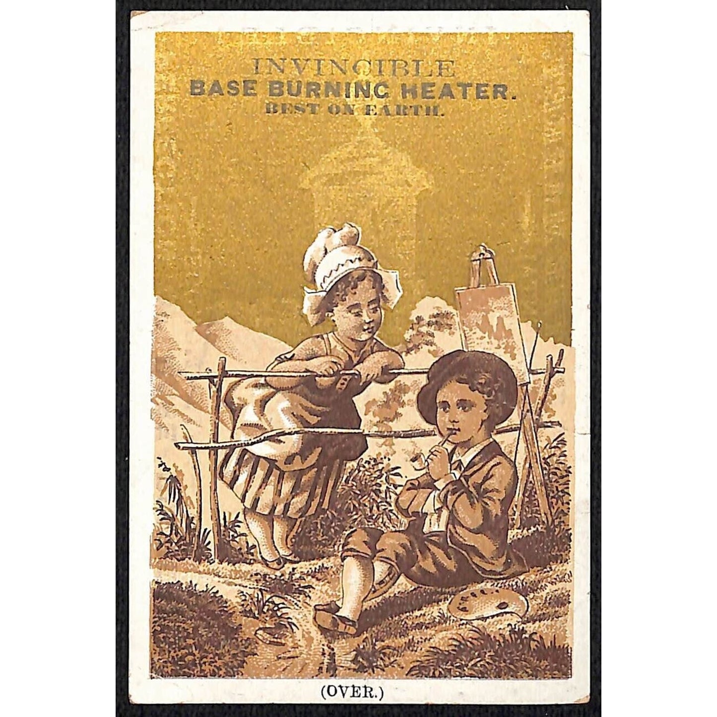 Invincible Base Burning Heater Victorian Trade Card Couple Painting Easel Fence