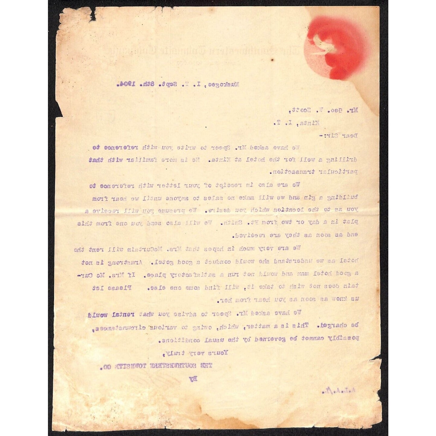 1904 Southwestern Townsite Co. I.T. Muskogee, OK Letterhead w/ Color Logo Art