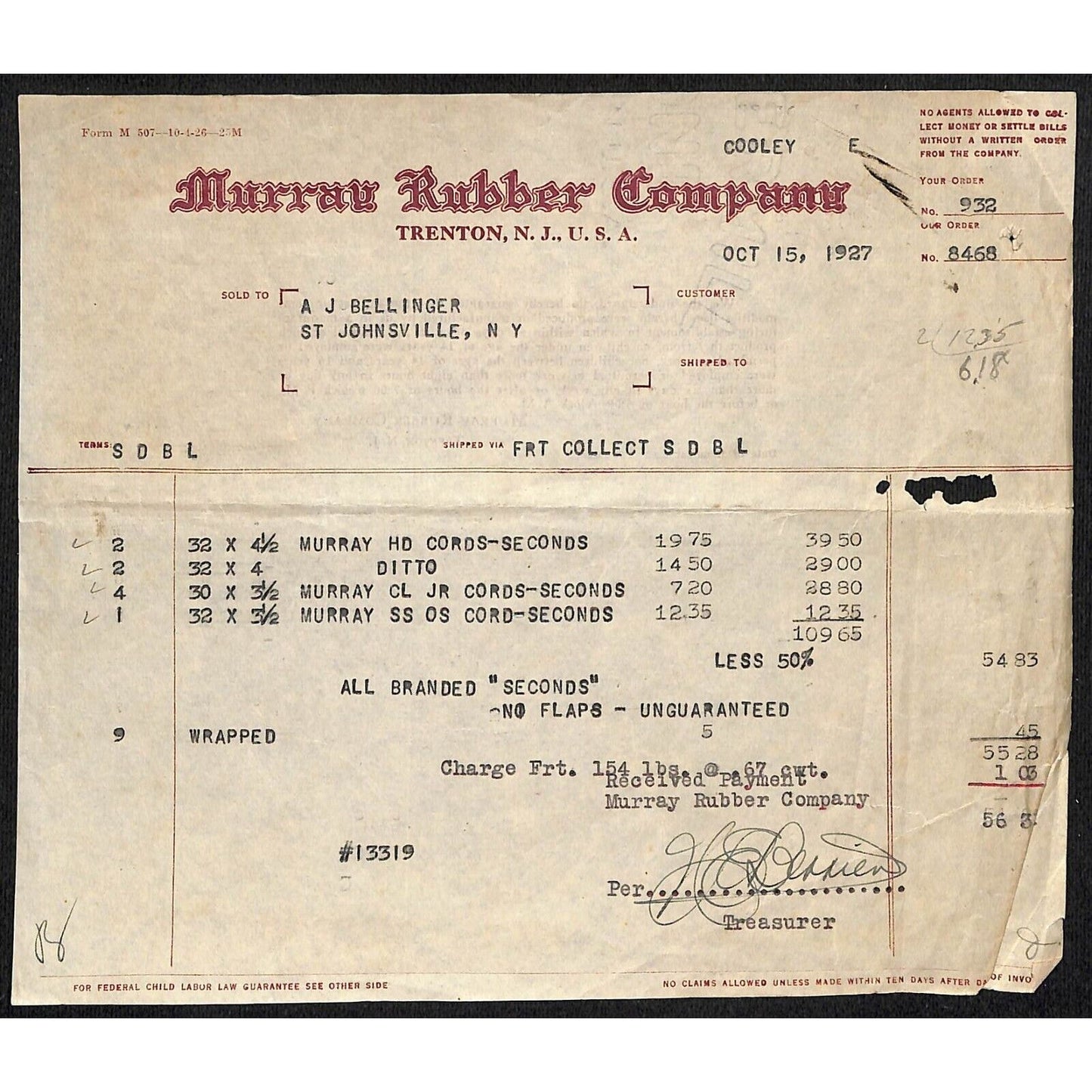 Murray Rubber Co. Trenton, NJ 1927 Billhead - Seconds