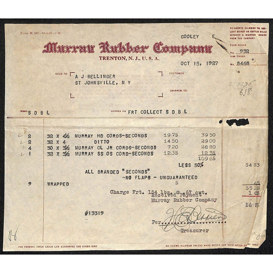 Murray Rubber Co. Trenton, NJ 1927 Billhead - Seconds