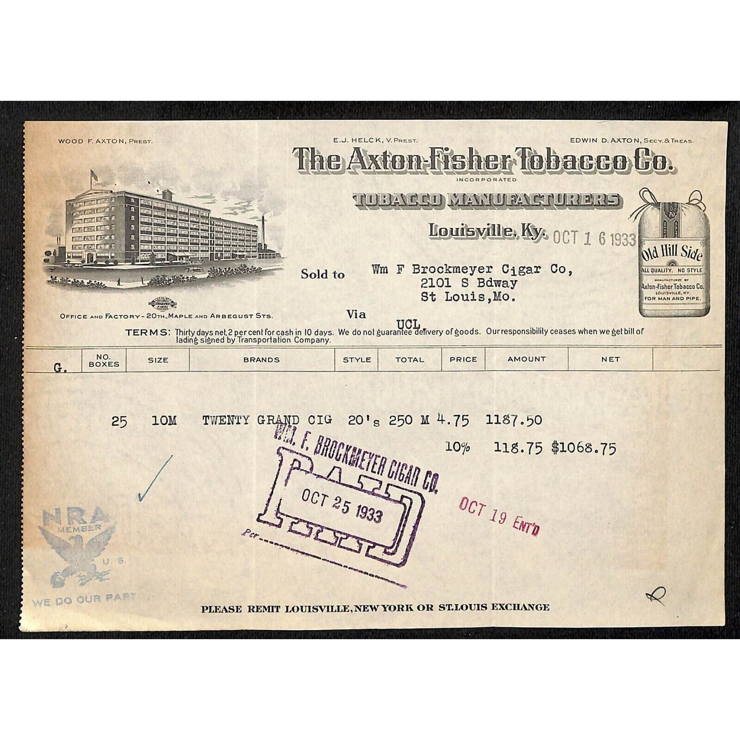 Louisville, KY The Axton-Fisher Tobacco Co. "Old Hill Side" 10/16 1933 Billhead