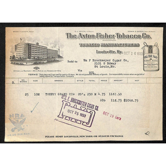 Louisville, KY The Axton-Fisher Tobacco Co. "Old Hill Side" 10/16 1933 Billhead