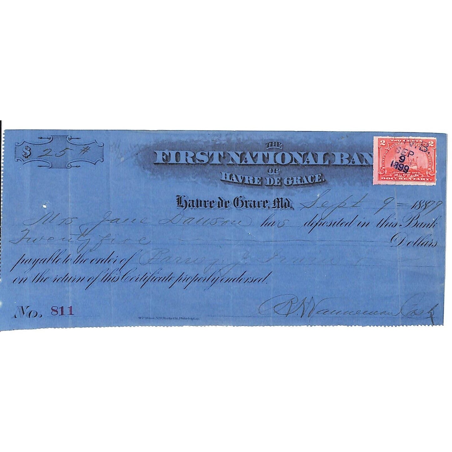 First National Bank of Havre De Grace, MD 1899 Bank Check Mrs. Jane Dawson ?