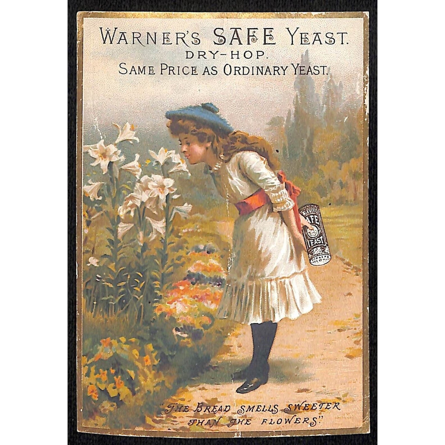 Warner's Safe Yeast Victorian Trade Card Girl Smells Flowers 4-Leaf Clover Text