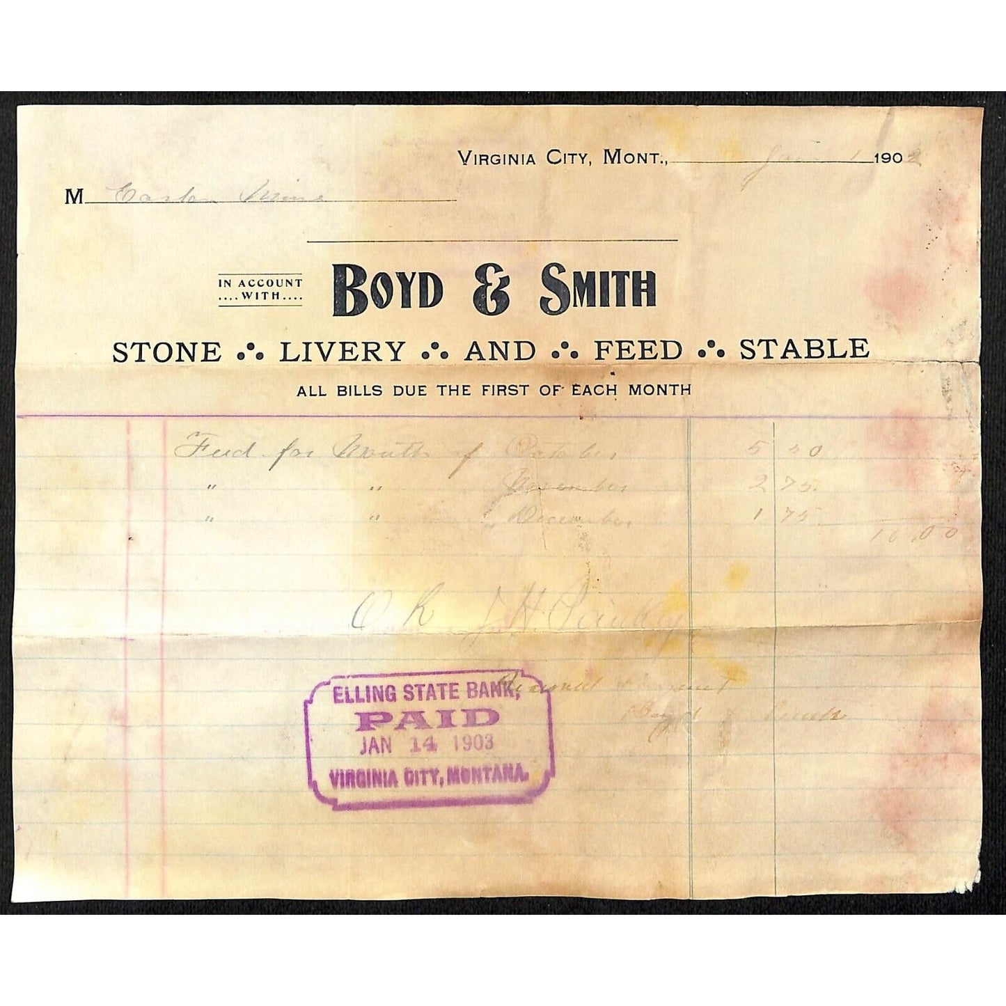 Boyd & Smith Stone Livery Feed Stable Billhead Virginia City, MT Henry Elling**