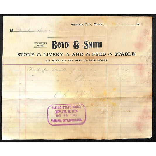 Boyd & Smith Stone Livery Feed Stable Billhead Virginia City, MT Henry Elling**