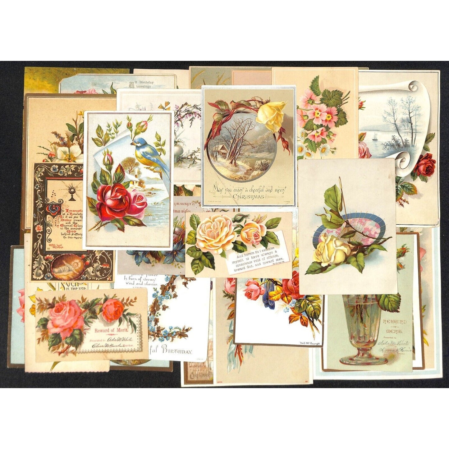 Group of 33 Mostly Floral Themed Victorian Greeting / Holiday Cards