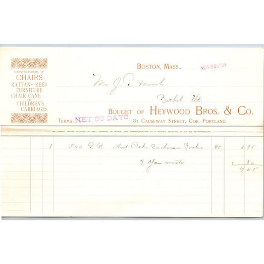 Heywood Bros. & Co. Boston, MA Rattan Chairs Children's Carriages 1889 Billhead