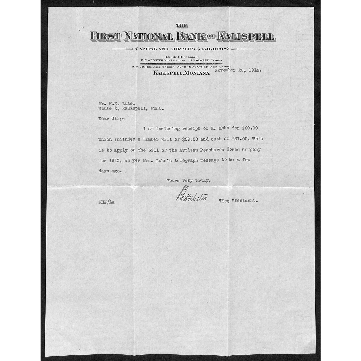 1914 FNB of Kalispell Montana TLS Letterhead re: Lumber Bill