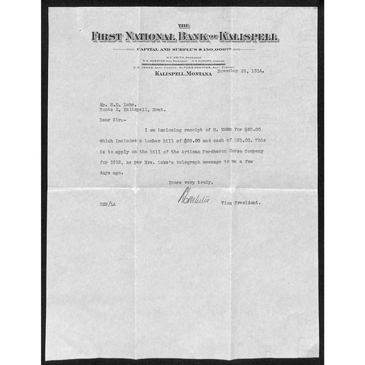 1914 FNB of Kalispell Montana TLS Letterhead re: Lumber Bill