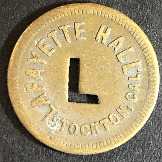 Lafayette Hall Stockton, CA Brass Trade Token w/ "L" Cutout 24mm - VGC Scarce