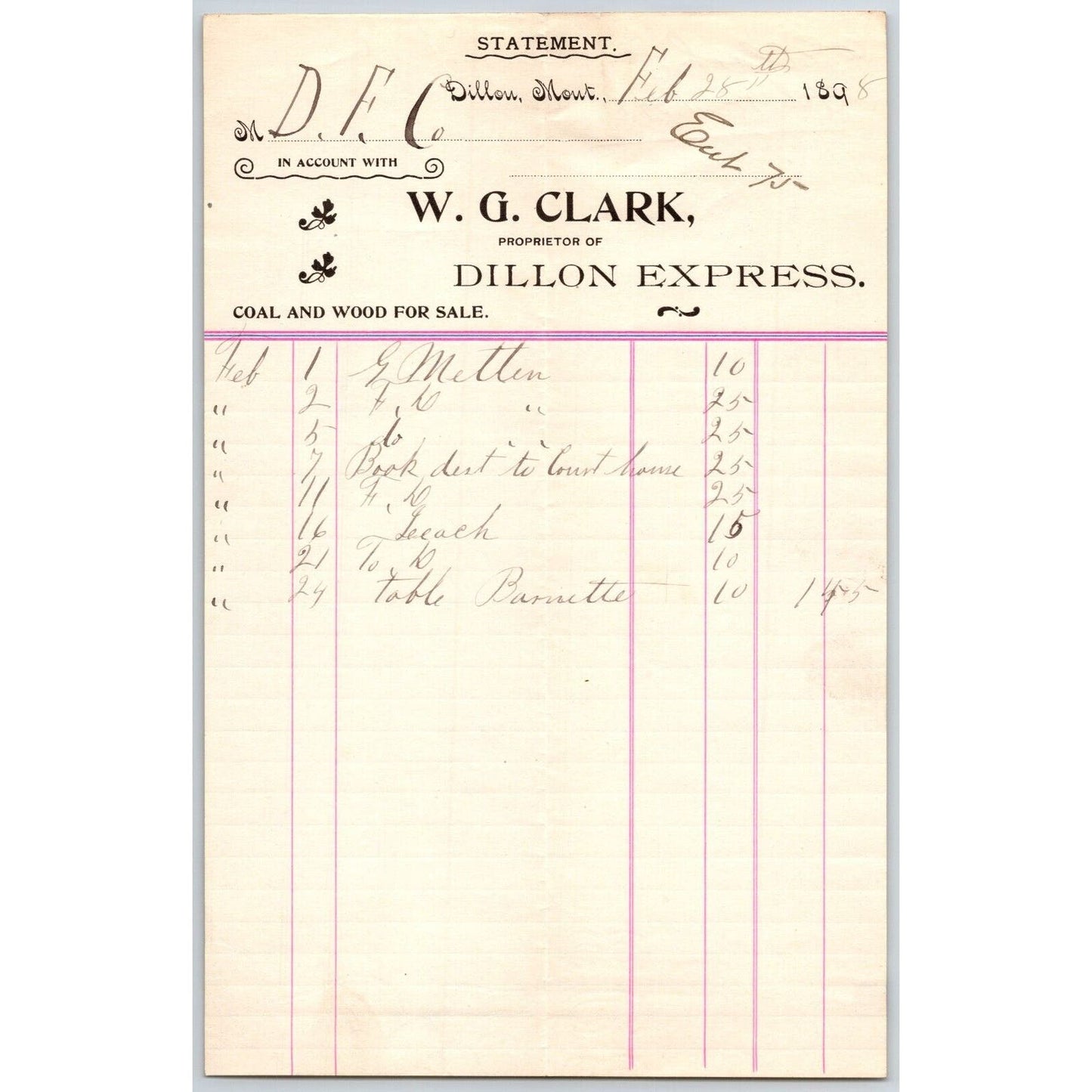 Dillon, MT W.G. Clark Dillon Express Expressman Coal & Wood Feb 1898 Billhead